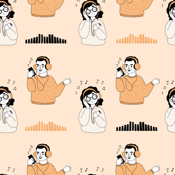 无缝图案的女孩和男子在耳机听音乐在橙色的背景。矢量插图。图片下载