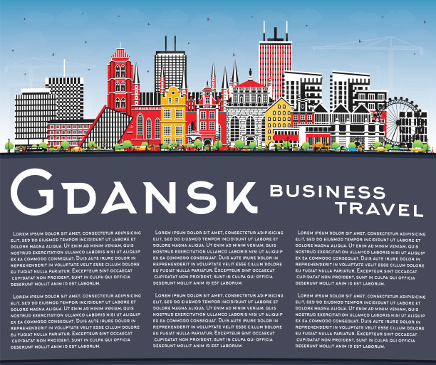 波兰格但斯克城市天际线有彩色建筑、蓝天和复制空间。格但斯克城市景观与地标。商务和旅游理念与现代和历史建筑。图片下载