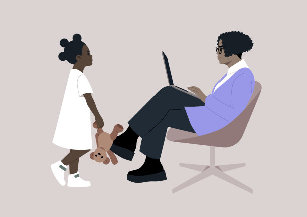 工作与生活的平衡，这位自信的非洲女性正专注于在笔记本电脑上打字，舒适地坐在椅子上。她的孙女走过来，拿着一个玩具，渴望和她一起玩图片下载