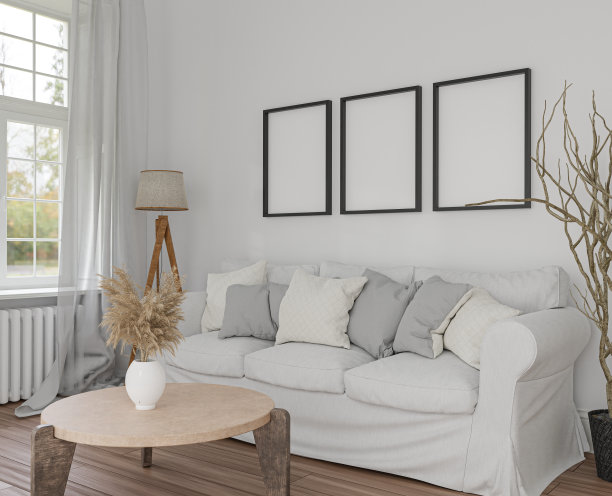 样机框架内部背景客厅舒适的斯堪的纳维亚风格的空图片和沙发在插图3d渲染。图片下载