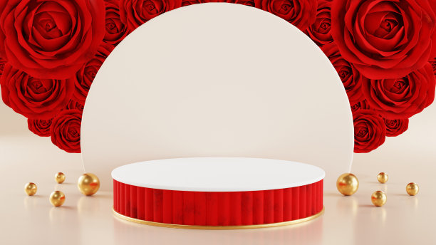 3d渲染情人节，粉色讲台展示恋爱中的产品，玫瑰和心形，圆柱形讲台展示化妆品的背景。图片下载