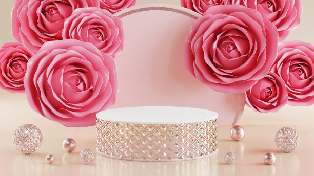 3d渲染情人节，粉色讲台展示恋爱中的产品，玫瑰和心形，圆柱形讲台展示化妆品的背景。图片下载