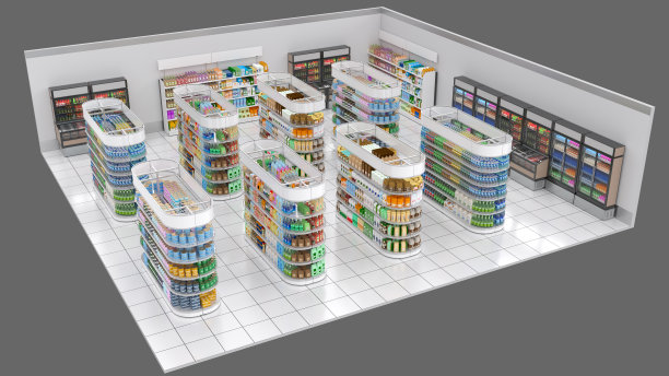 销售楼层，货架上摆放着商品和广告的空间，孤立于灰色之上图片下载