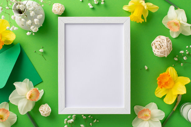 用水仙和吉思莲来拥抱春天的清新。俯视图照片展示鲜花和装饰在绿色孤立的背景，木制框架完美的文字或广告图片下载
