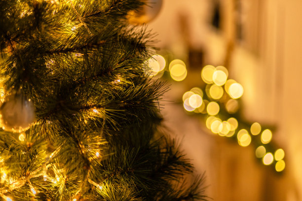 圣诞树上梦幻般的圣诞金灯，照片带有散景。新年摄影。家里完全装饰室内发光的花环。庆祝的概念，特写图片。图片下载