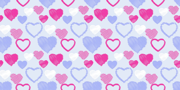 无缝，简单，图案与形状心形在一个蓝色的背面。矢量手绘素描涂鸦。打印与设置纹理心脏轮廓。情人节，爱情背景。为纺织、时装、面料设计图片下载