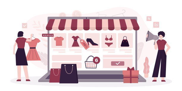 笔记本电脑屏幕上的网上商店应用程序。女人在网上购物。卖方宣布折扣、促销。网上商店的衣服和配件。电子商务技术图片下载