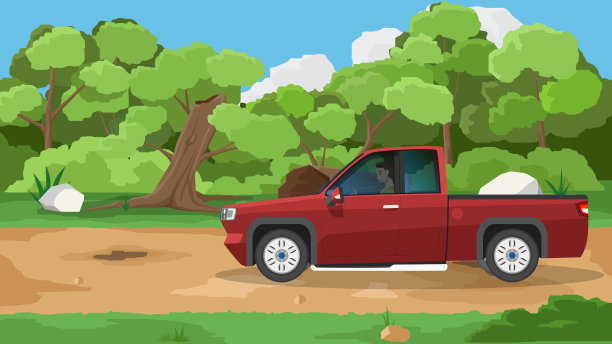 驾驶室皮卡车红色与驾驶人在土路行驶。图片下载