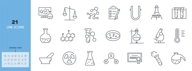 化学实验室线路图标集。烧瓶，臼，杵，刻度，分子，试管，烧瓶，蒸馏器，燃烧器，火焰，证书，培养皿矢量插图。可编辑的中风图片下载
