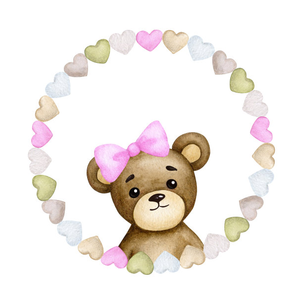 镜框里的熊宝宝。女孩。生日，婴儿派对，儿童派对。儿童水彩插画。设计元素的贺卡，海报，横幅，标志，邀请，包装。图片下载