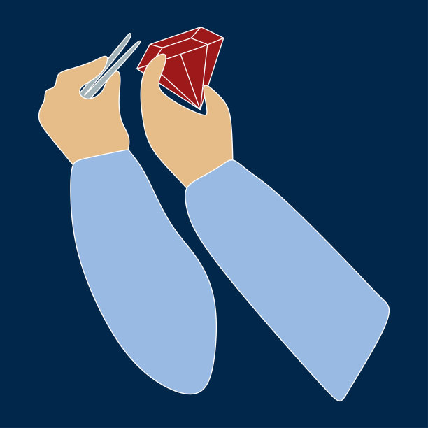 扁平珠宝商的手拿镊子和大红宝石宝石。红色辉煌的图标。珠宝商的职业。珠宝商日卡。矢量卡通插图孤立的白色。珠宝制作概念。图片下载