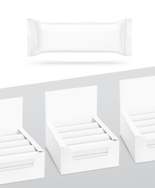 展示盒子空白模型与一套小袋包装或流动包装在食品，化妆品和卫生。图片下载