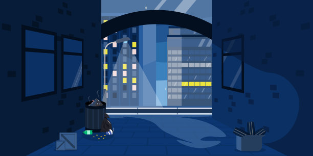 .矢量插图的一个夜晚的城市在卡通风格。黑夜走在黑暗而神秘的小巷里。街道上有一个盒子，一个垃圾桶，一个让人耳目一新的灯笼图片下载