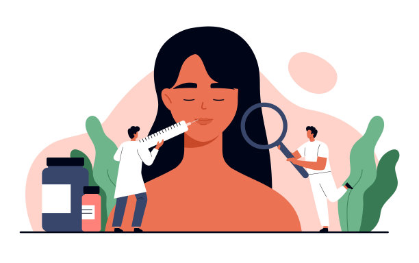 唇部填充物注射概念。医生正在给女人的嘴唇注射透明质酸。丰唇美容手术。外观的变化。孤立的矢量插图在卡通风格图片下载