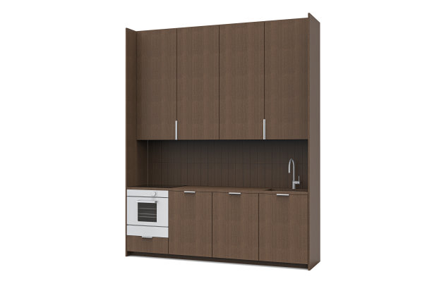 极简主义豪华厨房的内部，混凝土地板，白色台面，内置炊具和水槽以及白色橱柜。Kıtchen机柜3d渲染图片下载