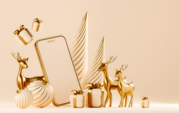 3D抽象圣诞光背景与米色圣诞装饰图片下载