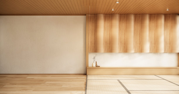 室内，空房间和榻榻米地板房间现代风格。三维渲染图片下载
