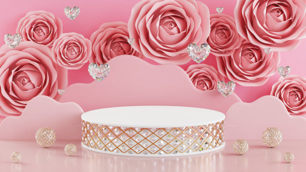 3d渲染情人节，粉色讲台展示恋爱中的产品，玫瑰和心形，圆柱形讲台展示化妆品的背景。图片下载