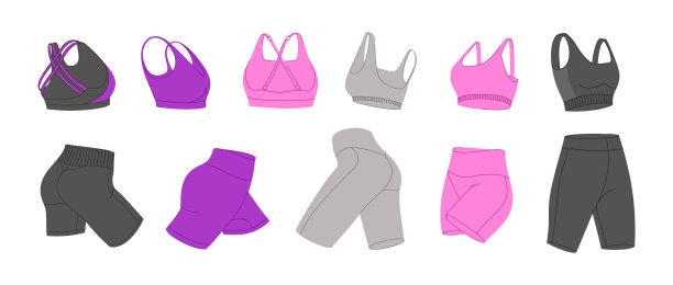 女性健身服装向量集。胸罩和自行车短裤。女子运动服装平面设计。理想的设计体育内容，贴纸和印刷。图片下载