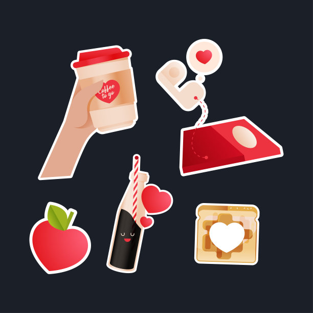 情人节贴纸包。现代平面矢量概念插图。手握杯去，心形水果，红色电话，饮料在瓶子里，心形片在吐司图标的中间。社交媒体广告。图片下载