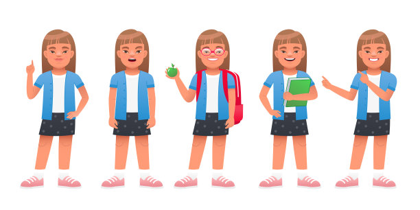 患有唐氏综合症的女学生戴着眼镜，背着背包，拿着一个苹果，手里拿着一本书，惊讶地指着什么东西。图片下载