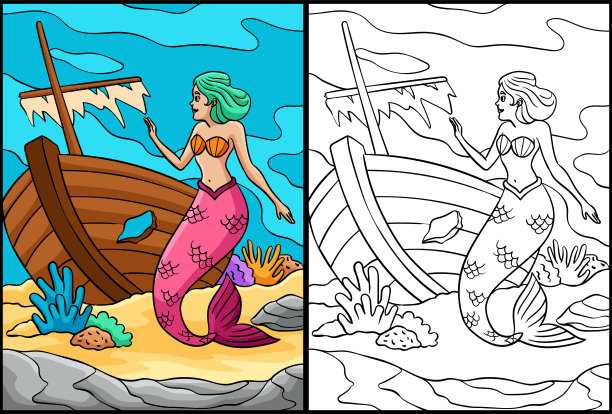 美人鱼和沉船着色页插图图片下载