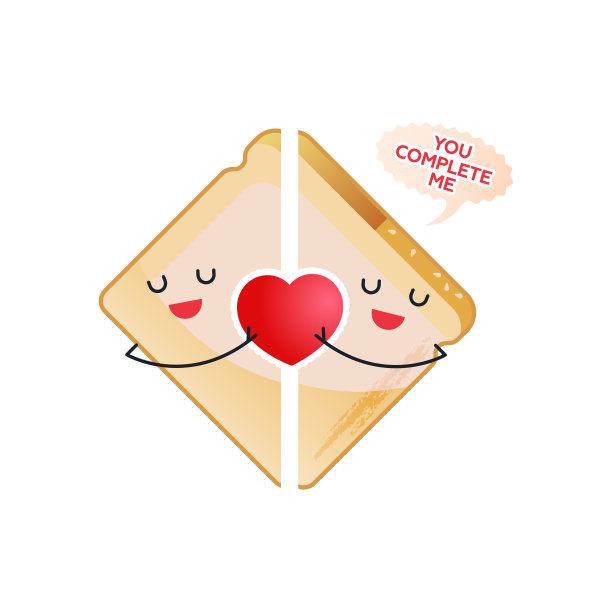 情人节贴纸。现代平面矢量概念插图。两半带心形图标的面包。你在Bubble上完成Me Quote社交媒体广告。图片下载