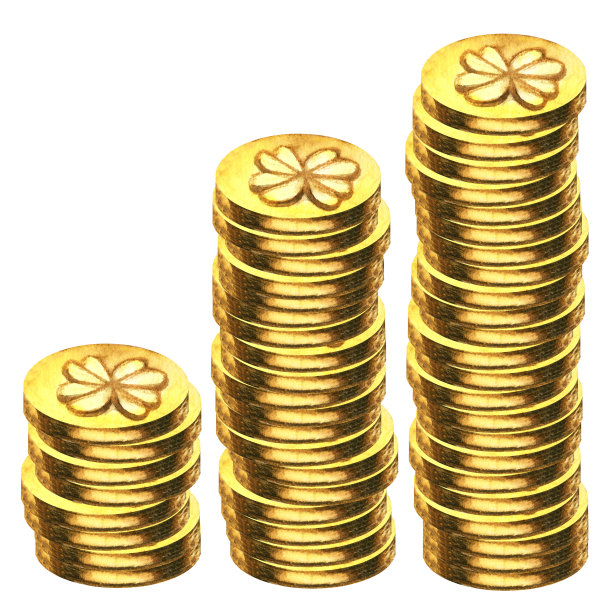 水彩黄金魔术硬币与四叶三叶草设计与金属闪闪发光单独和组在复古风格，为金融，利润，金钱，商业，胜利，运气，圣帕特里克节的设计图片下载