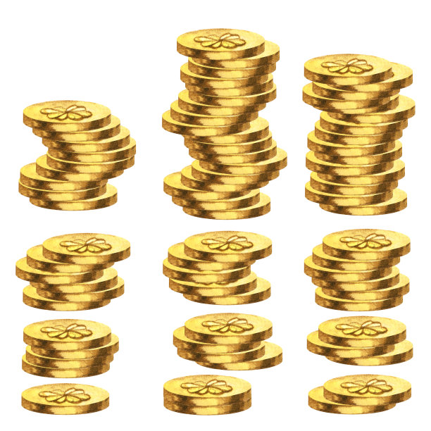 水彩黄金魔术硬币与四叶三叶草设计与金属闪闪发光单独和组在复古风格，为金融，利润，金钱，商业，胜利，运气，圣帕特里克节的设计图片下载