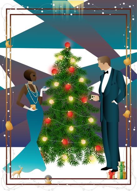 穿着讲究的人站在装饰好的圣诞树旁图片下载