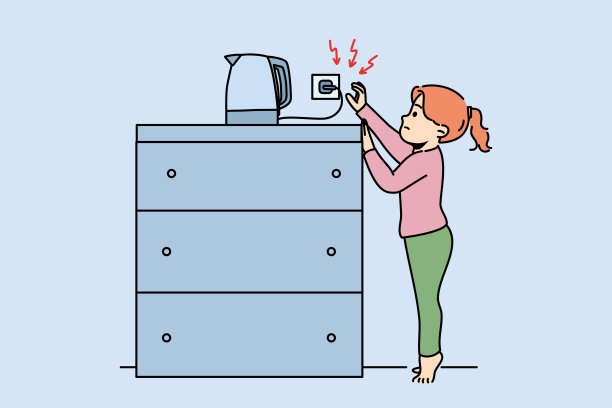 小女孩冒着被烫伤或触电的危险去摸电热水壶的插座图片下载