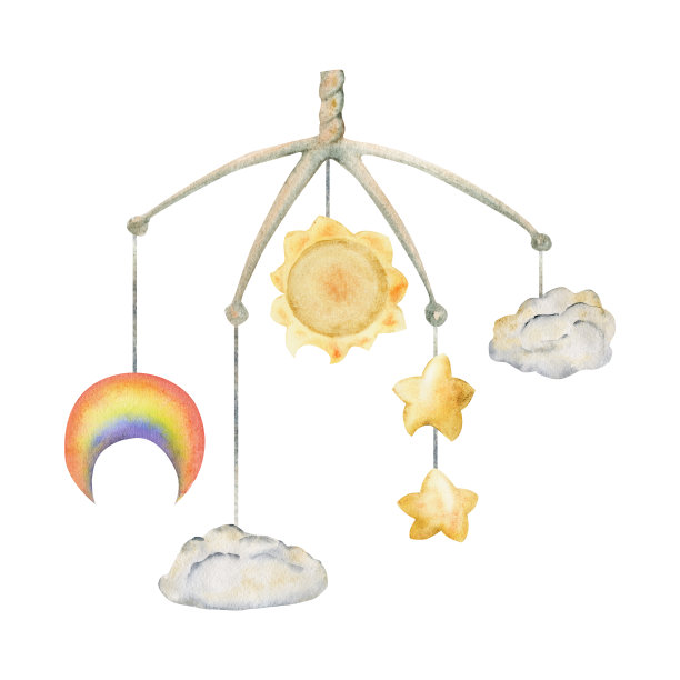 水彩手绘插画，移动设计，神奇宇宙宇宙星辰，彩虹，云，太阳。在白色背景上孤立的构图。适用于儿童，儿童卧室，织物，亚麻布印花，卡片图片下载