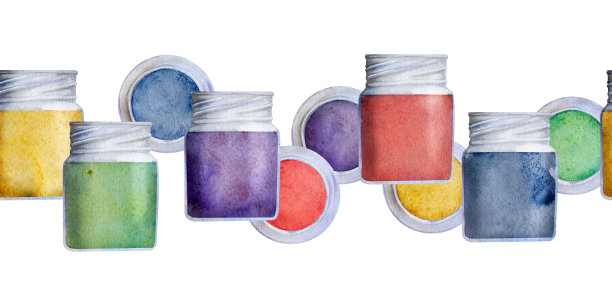 水彩手绘插画，儿童绘画艺术材料用品，水粉丙烯蛋彩油多色。无缝边界隔离在白色。学校，幼儿园，派对，卡片，网站图片下载