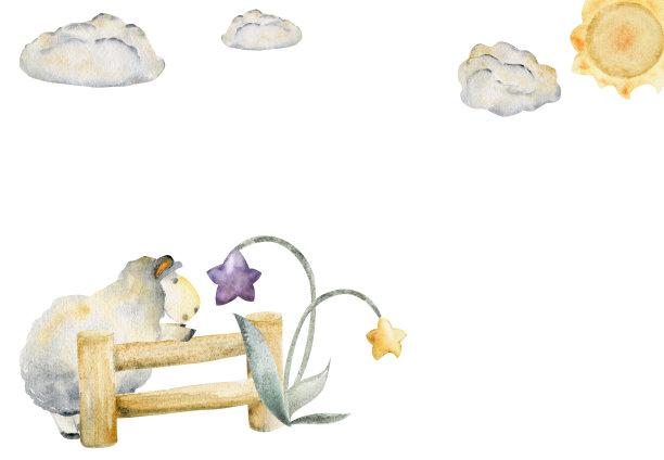 水彩手绘插画，可爱的小毛绒小绵羊跳栅栏，星星花，太阳和云彩组成孤立在白色的背景。适用于儿童卧室，织物，亚麻布印花图片下载