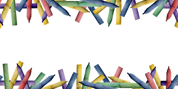 水彩手绘插画，儿童儿童绘画材料用品，艺术多色笔记号笔文具。无缝边界隔离在白色。适用于学校幼儿园，聚会，卡片，网站图片下载