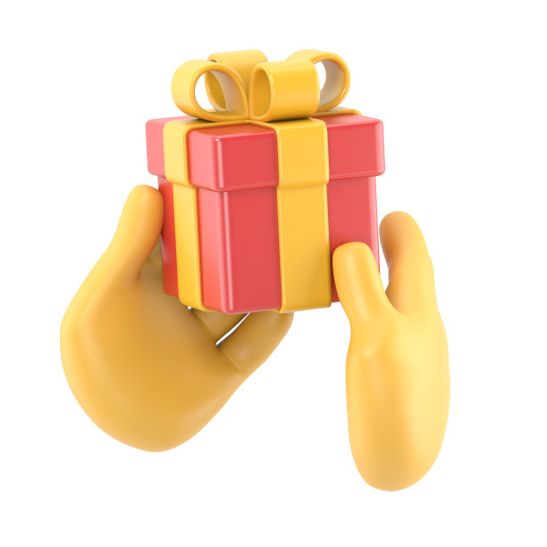 卡通手势图标模型。3d渲染。节日剪贴画孤立在白色背景。双手捧着礼盒，礼盒上有金色的蝴蝶结。圣诞社交偶像图片下载