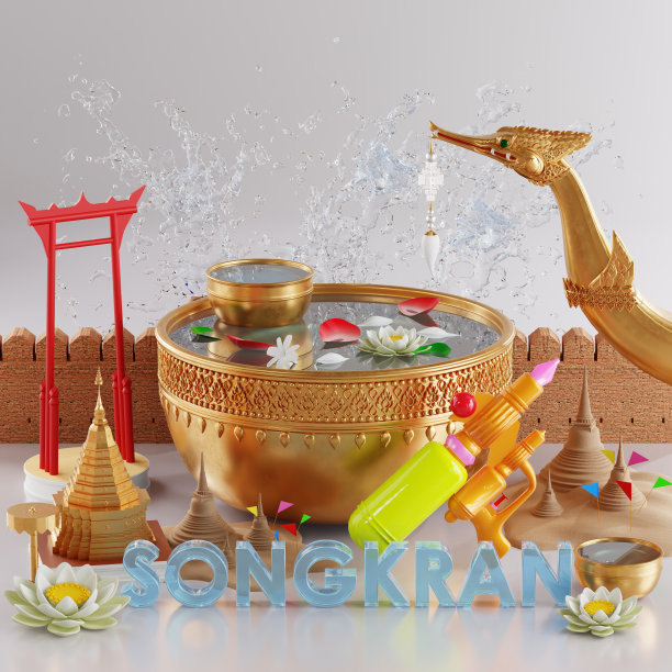 3d渲染插图背景为泼水节背景在泰国泼水节3d与蓝色的水飞溅，泰国建筑。(泰语:Songkran Thailand)图片下载