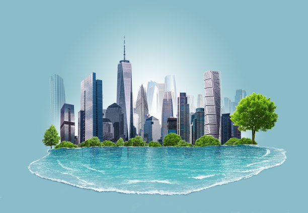 城市海滩隔离的三维插图。海洋模型。背景是城市天际线，海浪。图片下载