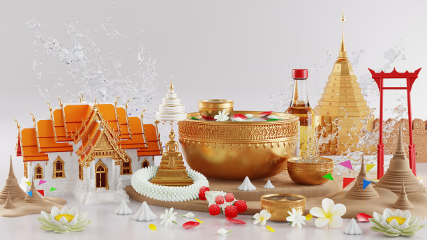 3d渲染插图背景为泼水节背景在泰国泼水节3d与蓝色的水飞溅，泰国建筑。(泰语:Songkran Thailand)图片下载