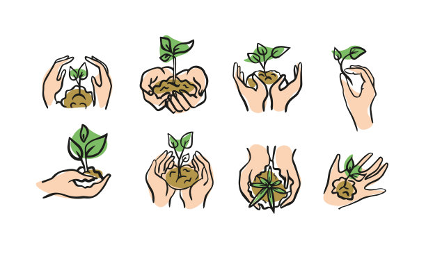 生态图标集，矢量图标包含植物在手中的颜色，图标在极简风格图片下载