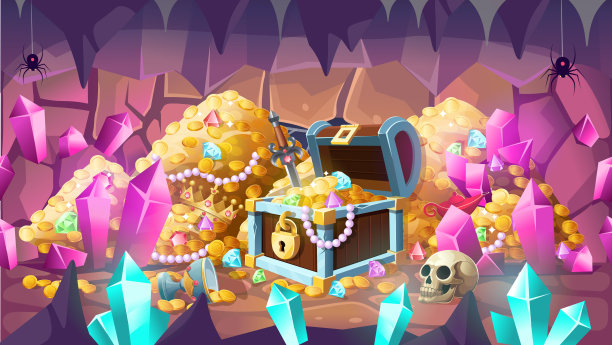 堆满黄金的洞穴，内有钟乳石、石笋和闪亮的水晶图片下载