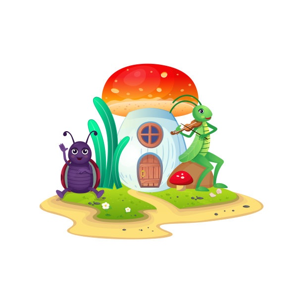 蘑菇屋和卡通昆虫。蚱蜢拉小提琴和有趣的卡通瓢虫。图片下载