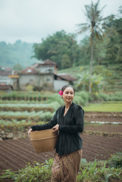 来自印度尼西亚村庄的年轻女子提着篮子或竹编篮子。图片下载