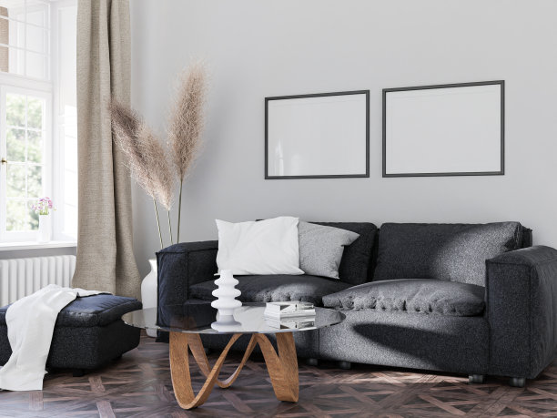 样机框架内部背景客厅舒适的斯堪的纳维亚风格的空图片和沙发在插图3d渲染。图片下载