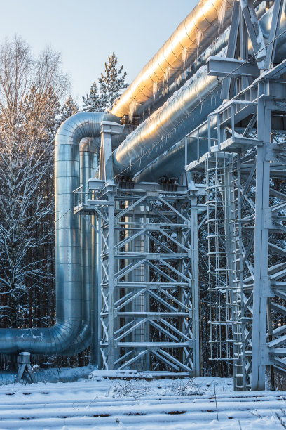 在寒冷的冬天，管道桥上的工业管道图片下载