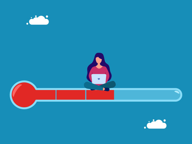 工作进度水平。女人在温度计上测量进度。向量图片下载