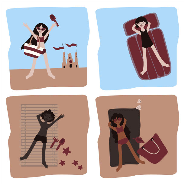 不同的孩子在海滩上放松。男孩和女孩。一组矢量场景与棕榈树，沙子，大海，海洋，游泳池，贝壳，沙堡，充气环和空气床垫。旅游宣传册和度假胜地广告插图。图片下载