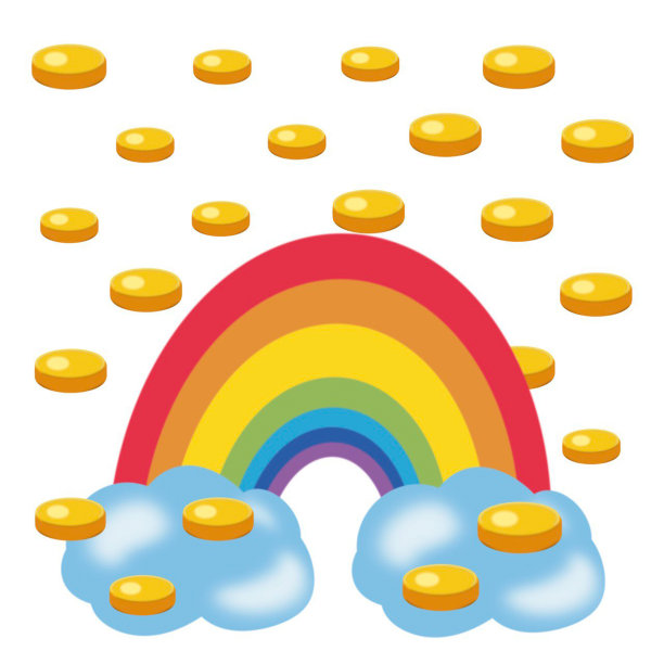 彩虹用金币孤立的帕特里克节白色背景，手绘。图片下载