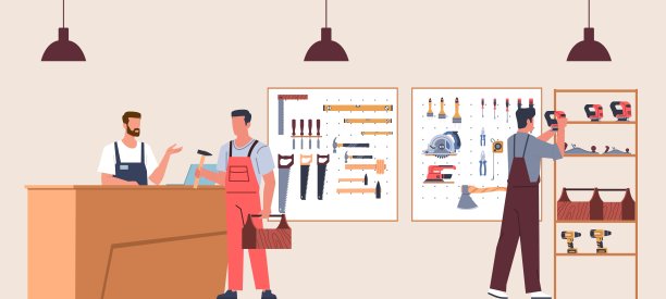 男人在工具店买不同的工具。五金店。各种各样的手工乐器。推销员和工匠。角色购买建筑设备。卡通孤立矢量概念图片下载