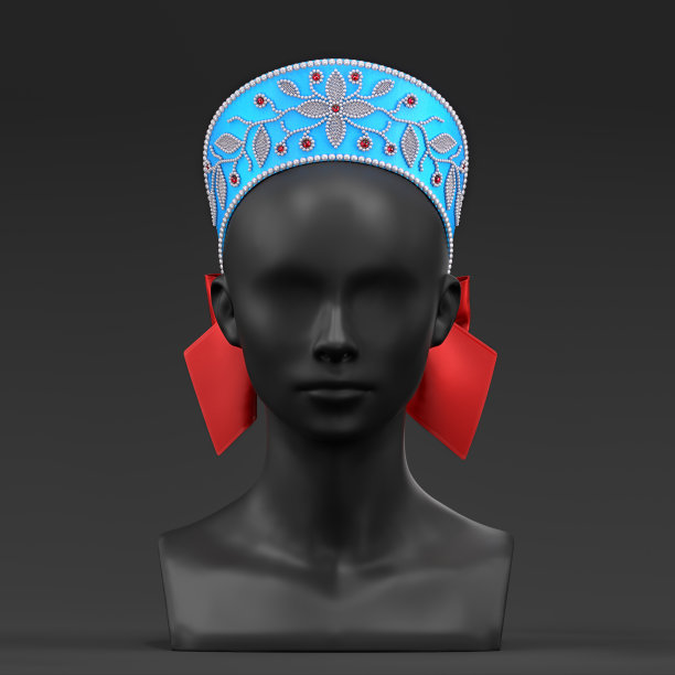 俄罗斯民族头饰。黑色背景的科科什尼克画中孤立的人体模型。3 d渲染。图片下载